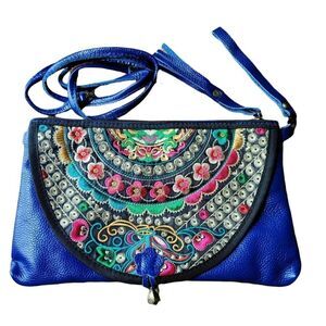 Faux leather Bohemian Indy crossbody clutch wristlet blue embroidered Floral